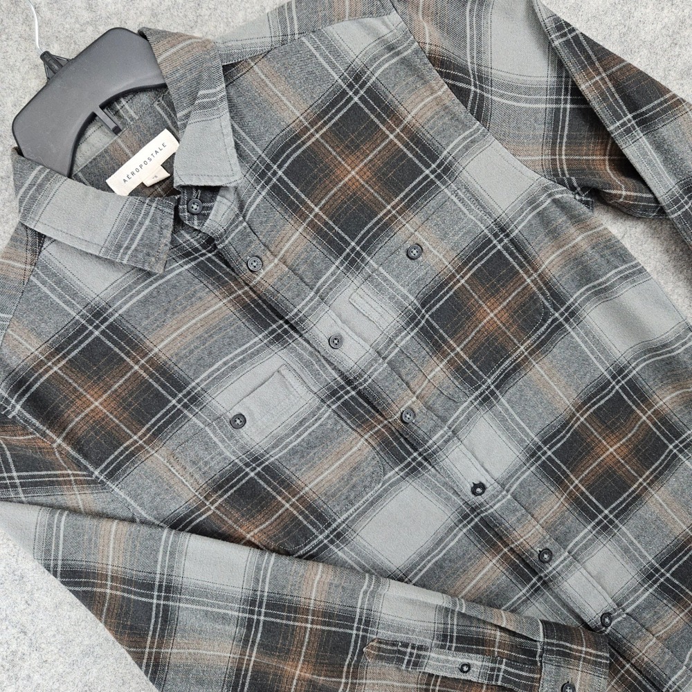 Aeropostale Flannel Shirt Men's XS Grey Black Brown Plaid Long Sleeve Button Up
